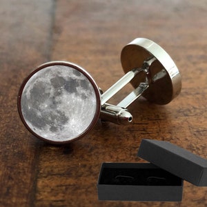 Full Moon Cufflinks  - Rhodium Plated - 16mm Glass Lens - Celestial- Quality Gift