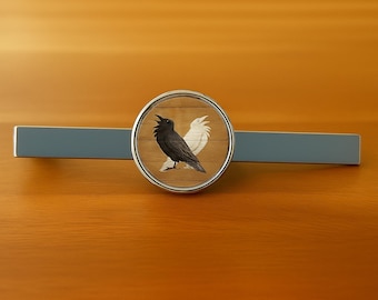 Viking Ravens Tie Clip Bar - 16mm Glass Lens  -  Rhodium Plated