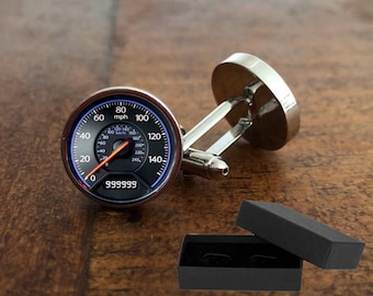 Car Speedometer Cufflinks - Free Box - Rhodium Plated 16mm Fathers Day Wedding Groomsman Birthday Mens Gift - Free Cufflink Box