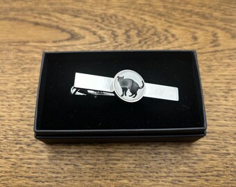 Black Cat Tie Clip: Rhodium Plate, 3D Glass Cabochon