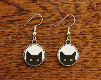Peeping Black Cat Earrings - Small Dangle 10mm 0.4" Drop  - Boxed - Silver Plated Hooks