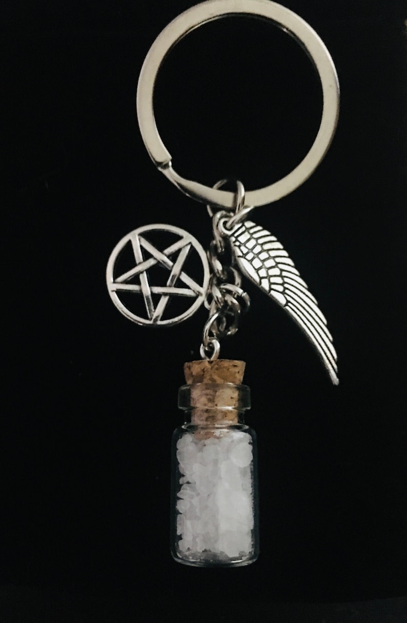 Supernatural Protection *Keyring Chain* Pentagram Angel Wing Salt Crystals Bottle GIFT