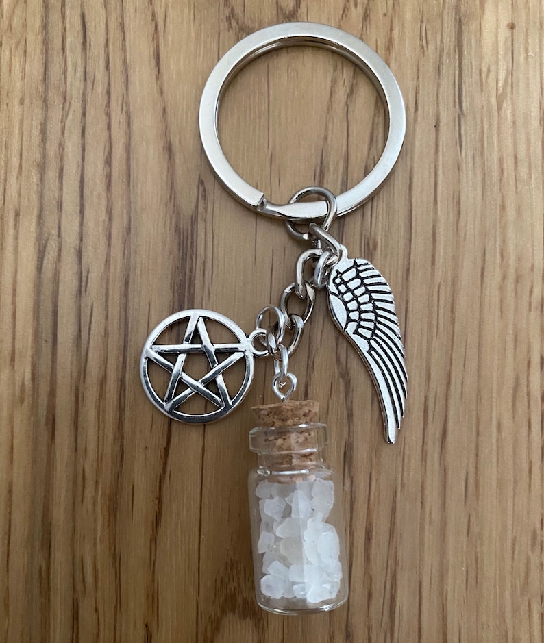 Supernatural Protection *Keyring Chain* Pentagram Angel Wing Salt Crystals Bottle GIFT