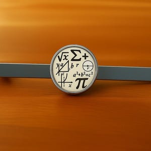 May include: A silver tie bar with a circular emblem displaying mathematical symbols, including the square root, pi, and the Pythagorean theorem. The background is a warm, orange-brown colour.