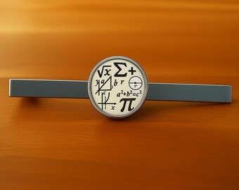 Math Mathematics Symbols - Tie Clip Bar- 3D Glass Cabochon - Sturdy Rhodium Plate