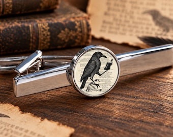 Steampunk kraai boek dasspeld, gerhodineerd, 3D glazen cabochon, kwaliteitsartikel
