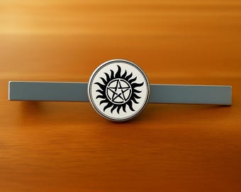 Supernatural Pentagram Tie Clip: Rhodium Plate, 3D Glass Cabochon