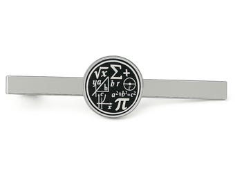 Maths Math Symbols - Tie Clip Bar- 3D Glass Cabochon - Sturdy Rhodium Plate