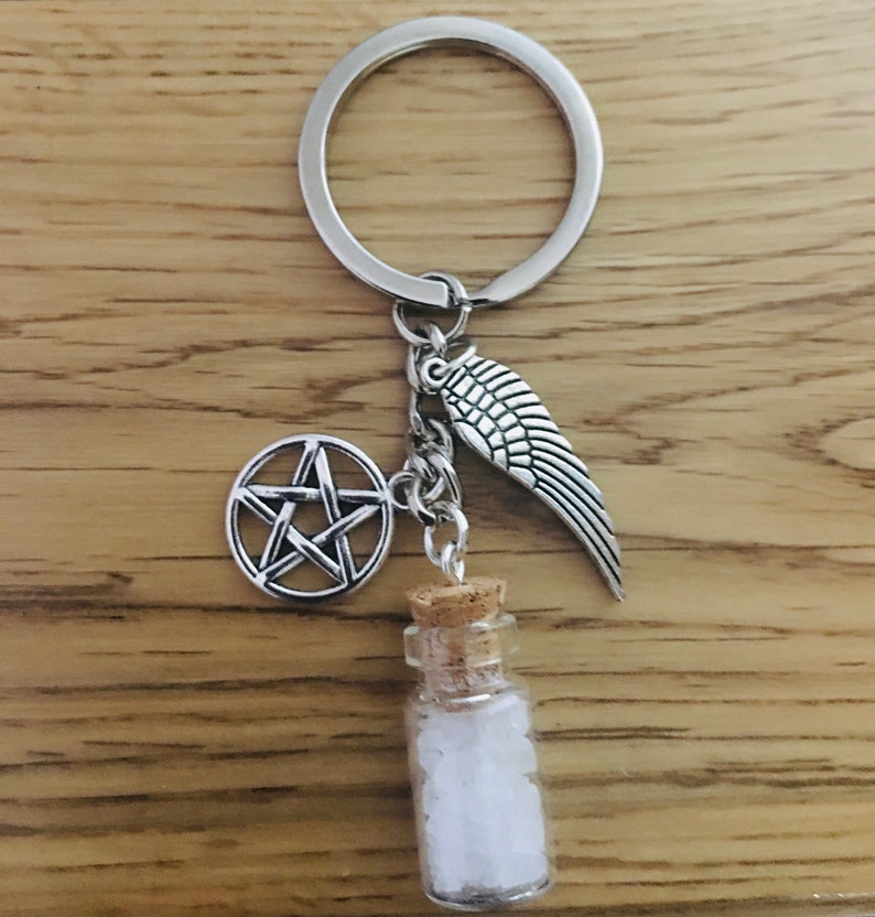 Supernatural Protection *Keyring Chain* Pentagram Angel Wing Salt Crystals Bottle GIFT
