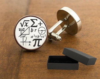Math Mathmatics Symbols Cufflinks - 16mm Glass Cabochon - Quality Study Rhodium Plate