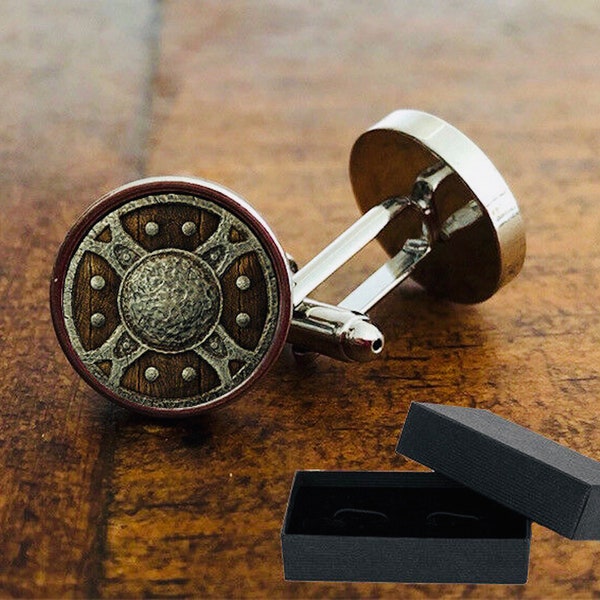 Viking Shield Cufflinks - 16mm Rhodium Plate - Free Cufflink Box - Cabochon Design - Weddings Birthdays Anniversary