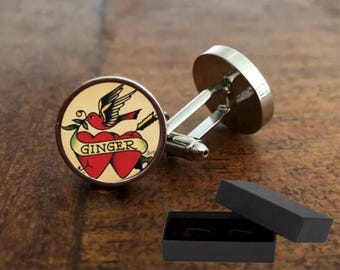 Heart Tattoo Ginger Cufflinks - 16mm Glass Cabochon - Quality  Rhodium Plate