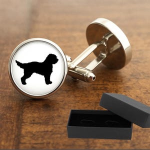 Gemelos de perro Cockapoo - Baño de rodio de 16 mm - Frente de cabujón de cristal - Navidad, cumpleaños, bodas