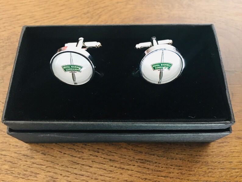 Royal Marines Commando Rhodium Plate Perfect Gift Cufflinks RMC- Free Box 16mm 3D Glass Lens