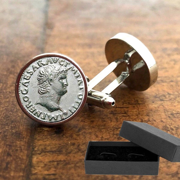 Roman Coin Cufflinks - 16mm Rhodium Plate - Cabochon - Free Box - Great Gift Idea - Weddings Birthday Anniversary