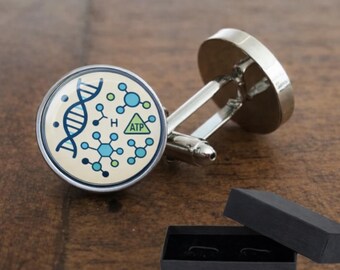 Biology Symbols Cufflinks - 16mm Rhodium Plate - 16mm Glass Cabochon Lens