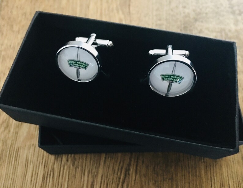 Royal Marines Commando Rhodium Plate Perfect Gift Cufflinks RMC- Free Box 16mm 3D Glass Lens