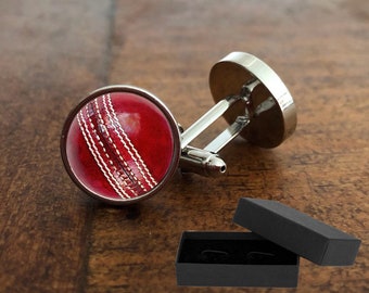 Cricket Ball - Cufflinks -  Free Box - Rhodium Plate - 16mm 3D Glass Lens - Perfect Gift Sportsman