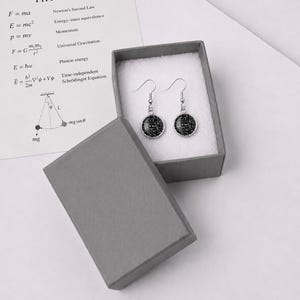 May include: Silver-tone drop earrings with a black and white circuit board pattern, displayed in an open grey gift box. The box sits on a white surface, with a sheet of paper featuring physics equations visible in the background.
