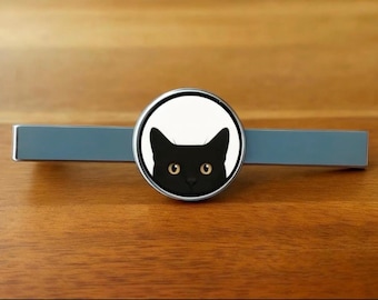 Peeping Black Cat - Tie Clip Bar- 16mm 3D Glass Cabochon - Rhodium Plated - Quality