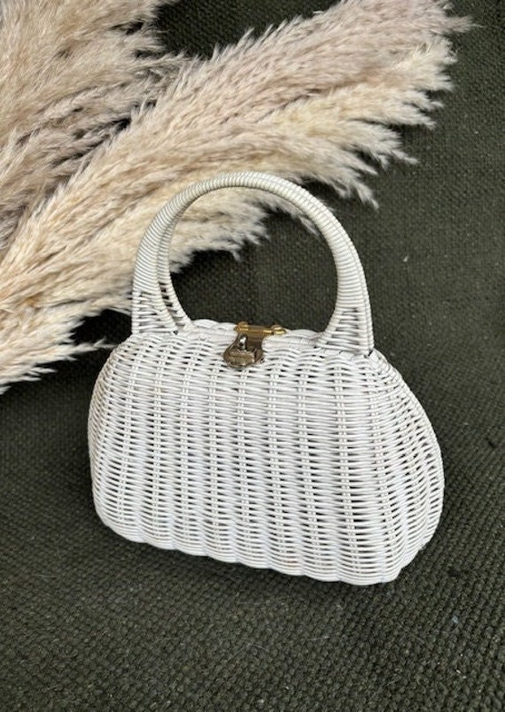 1960s White Wicker Handbag