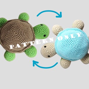 May include: Image of a crocheted turtle pattern in two colour variations: brown and green, and beige and blue. The turtles have a spiral shell design, with the text "PATTERN ONLY" overlaid on the image.