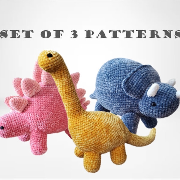 Set of 3 - Dinosaur Crochet Patterns PDF - Brontosaurus, Stegosaurus, & Triceratops