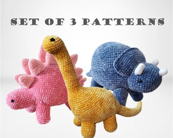 Set of 3 - Dinosaur Crochet Patterns PDF - Brontosaurus, Stegosaurus, & Triceratops