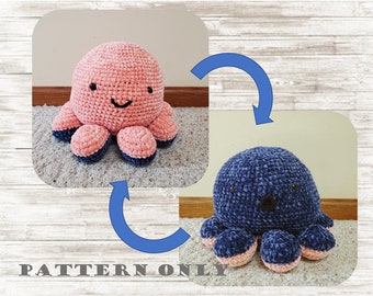 May include: Crochet pattern for a plush octopus toy. The pattern includes instructions for making two versions of the octopus, one in pink and one in blue.