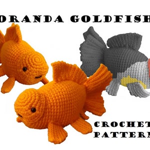 May include: Crochet pattern for making an Oranda goldfish. The pattern includes instructions for making three different colored goldfish: orange, gray, and white with orange accents.