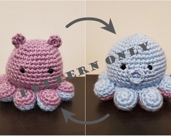 May include: Two crocheted octopus plushies, one in light purple and one in light blue. Both have black eyes and are sitting on a dark brown surface. The text "PATTERN ONLY" is superimposed on the image.