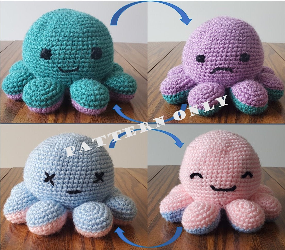 Crochet Pattern, Reversible Octopus Plush, Double Sided Crochet Toy NO  STUFFING NEEDED 