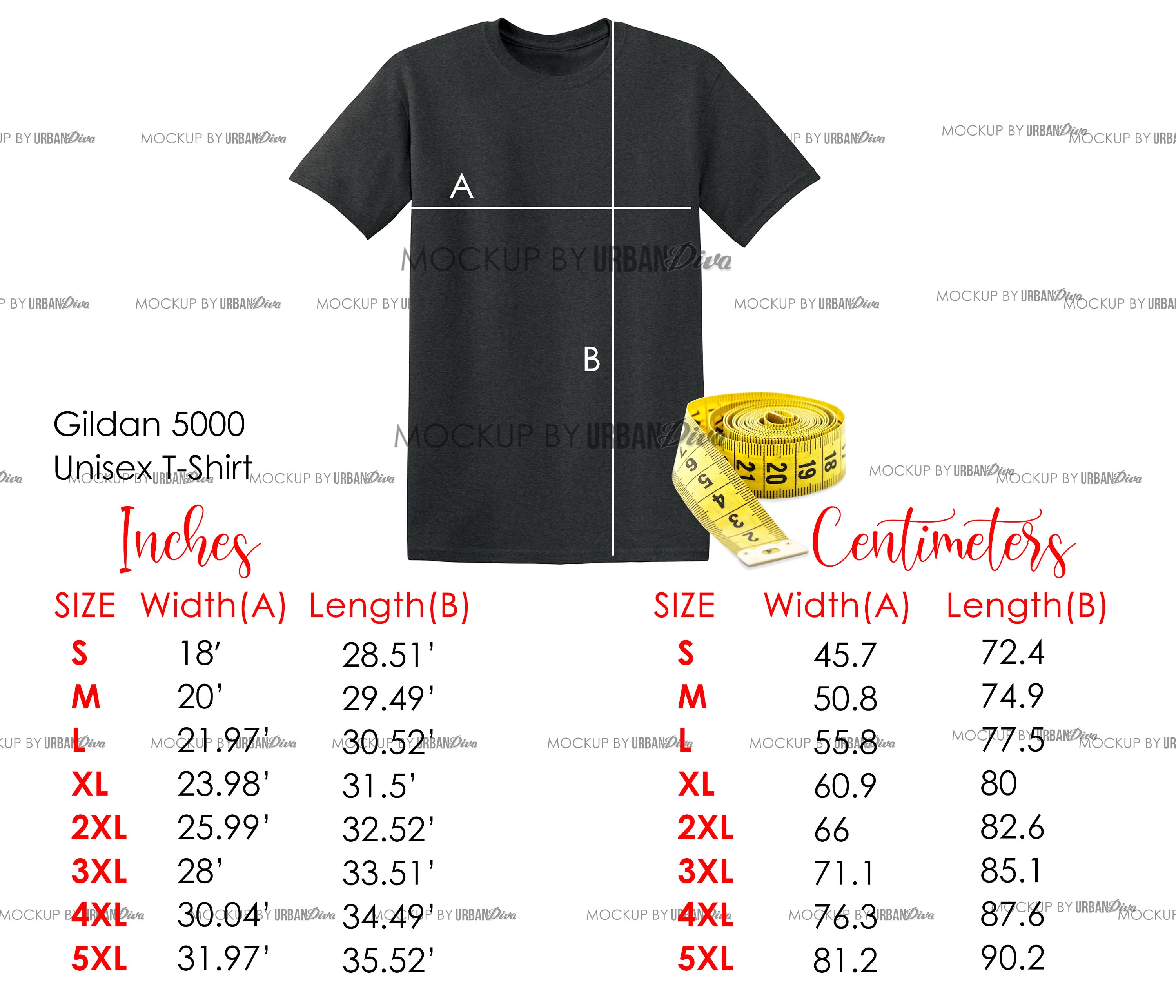 Gildan 5000 Size Chart Mockup Tshirt Unisex Size Chart - Etsy UK