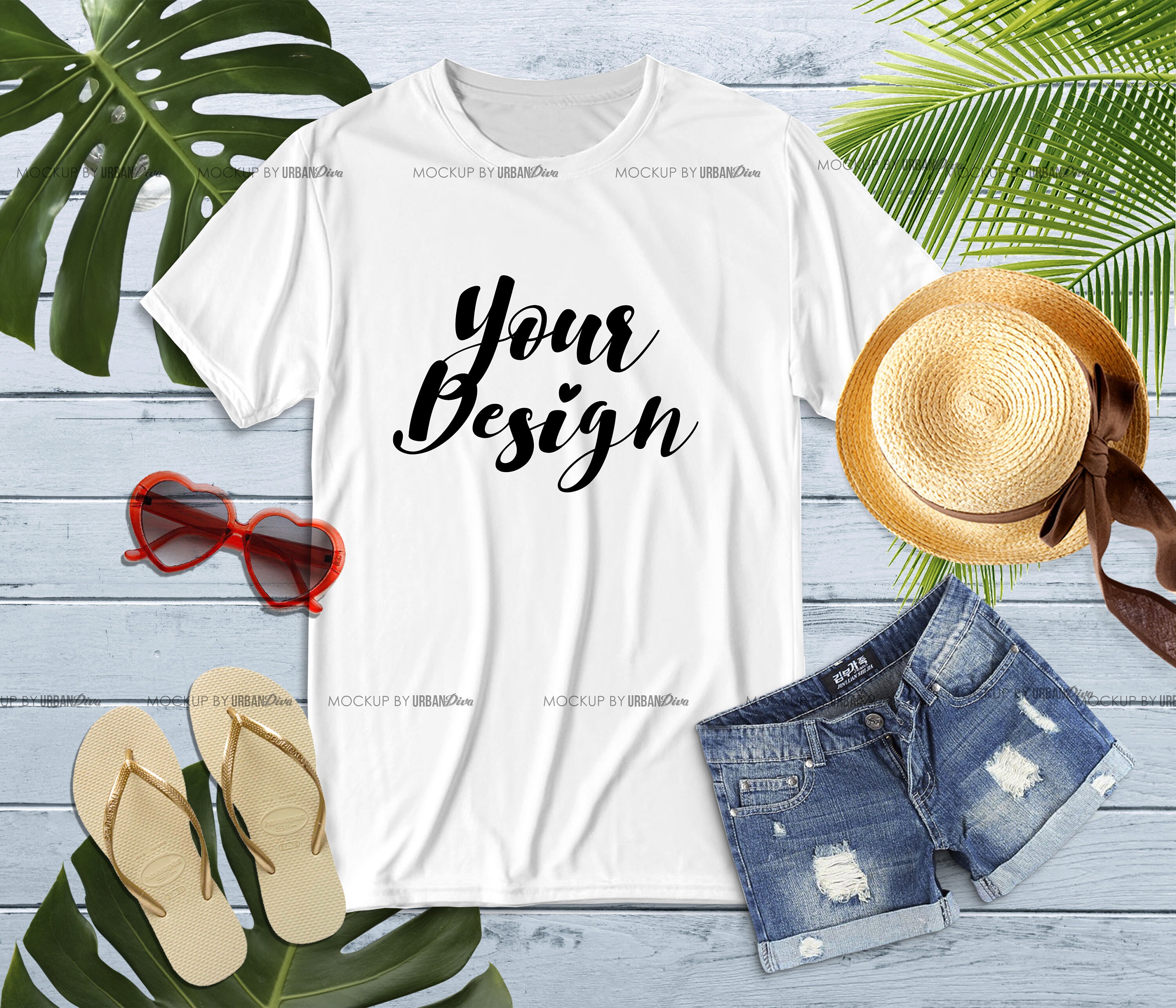 Gildan 5000 White TShirt Mockup Flat Lay Summer Mock Up