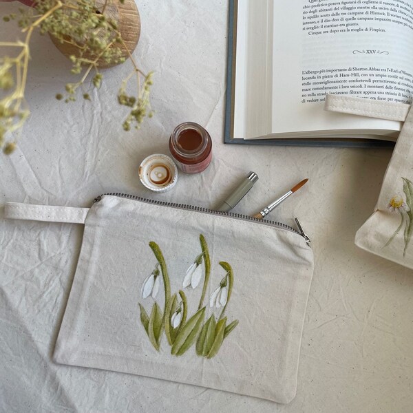 Pochette en toile de coton beige, mini sac zippé et tableau d'art peint à la main avec perce-neige et fleurs blanches et vertes