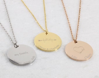 Family Names Coin Necklace - Engraved Round Disk Pendant - Custom Disk Centennial Mother's Day - Custom Anniversary or Christmas Gift