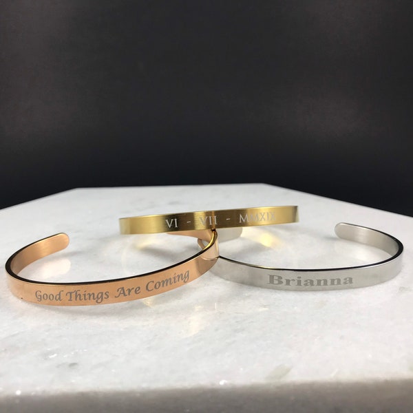 Personalized Cuff Bracelet - Custom Engraved Bangle - Gold, Silver or Rose Gold - Custom Engraved Bracelets for Christmas Gift