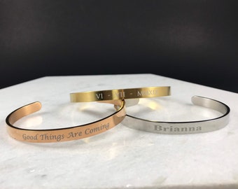 Personalized Cuff Bracelet - Custom Engraved Bangle - Gold, Silver or Rose Gold - Custom Engraved Bracelets for Christmas Gift