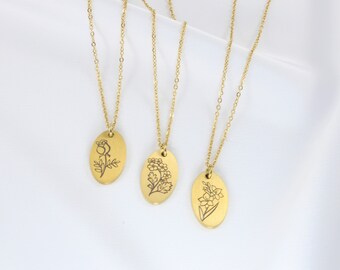 Custom Birth Flower Necklace - 14K Gold Oval Necklace - Birth Flower Necklace - Custom Engraved Flower - Personalized Minimalist Necklace