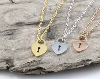 Lock Heart Charm - Dainty Necklace and Pendant - 3 Colors, Gold, Rose Gold and Silver - Gift for Girlfriend - Girls Birthday Gift