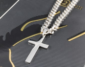 Cross and Chain in Silver - Curb Chain - Religious Cross Necklace - Chunky Men's Chain - Faith Cross - Baptism or Communion Gift