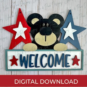 Letrero de bienvenida del 4 de julio SVG, letrero de oso patriótico SVG, letrero del Día de la Independencia estilo arte popular SVG, colgador de puerta SVG, Glowforge, archivo cortado con láser