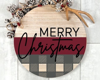 Merry Christmas plaid round SVG, buffalo plaid door round SVG,  round wooden door sign SVG, Christmas decor, Glowforge Svg, laser cut file