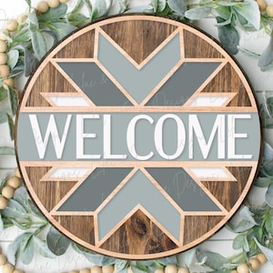 Barn Quilt Willkommensschild SVG, Quilt Stern Türschild SVG, Boho rundes Schild SVG, Glasmalerei Quilt Zeichen, Glowforge svg, Laser geschnitten Datei