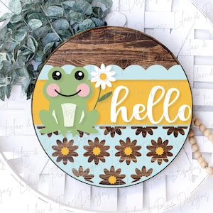 Frog Hello sign SVG, Summer Welcome sign svg, Daisy door hanger svg, Summer porch sign SVG, round wood sign, Glowforge SVG, laser cut file