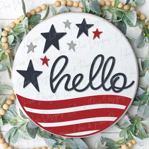 Panneau de bienvenue du 4 juillet SVG, signe étoiles et rayures svg, panneau rond patriotique, accroche-porte bonjour SVG, Glowforge, fichier découpé au laser, SVG Cricut