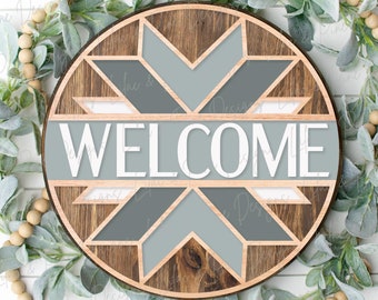 Barn Quilt Welcome sign SVG, Quilt Star door hanger SVG, boho round sign SVG, stained glass quilt sign, Glowforge Svg, laser cut file