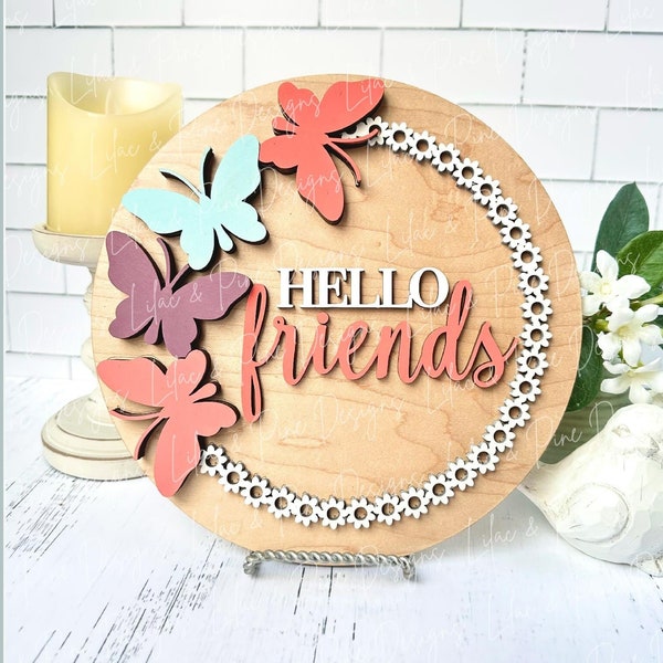 Hello friends SVG, butterfly door hanger, spring welcome sign, summer porch decor, baby name sign, butterfly Glowforge SVG, laser cut file