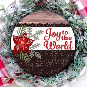 Letrero navideño SVG, Elegante colgador de puerta navideño, Joy to the World SVG, Letrero de bienvenida navideño, Poinsettia SVG, Archivo cortado con láser, Glowforge Svg