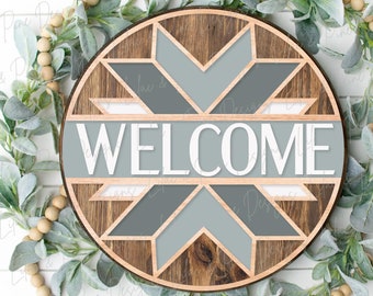 Welcome stained glass quilt round, quilt lover SVG, Welcome SVG, front door decor, round wood sign, name sign, Glowforge Svg, laser cut file